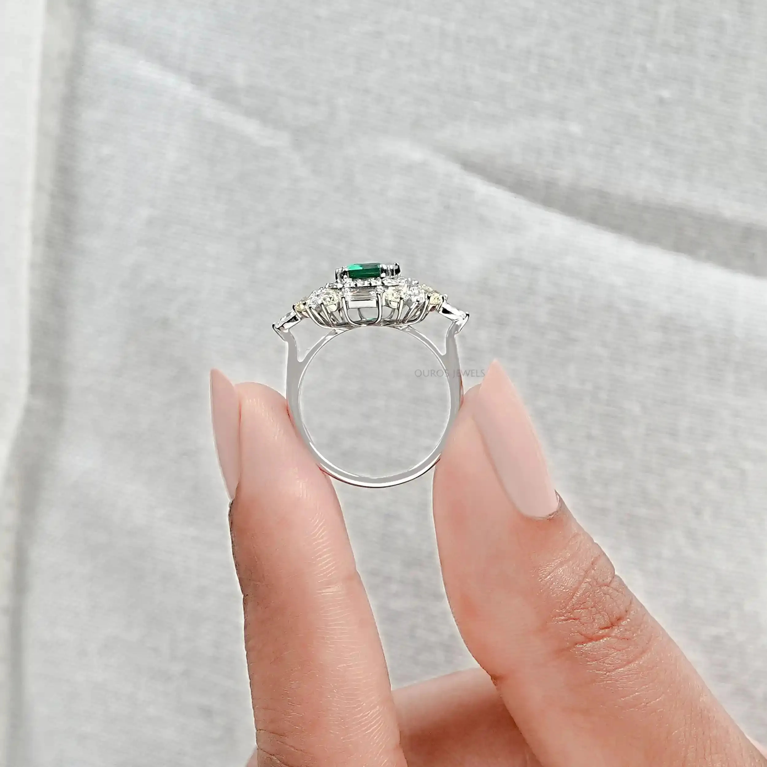 Double Halo Green Emerald Diamond Engagement Ring