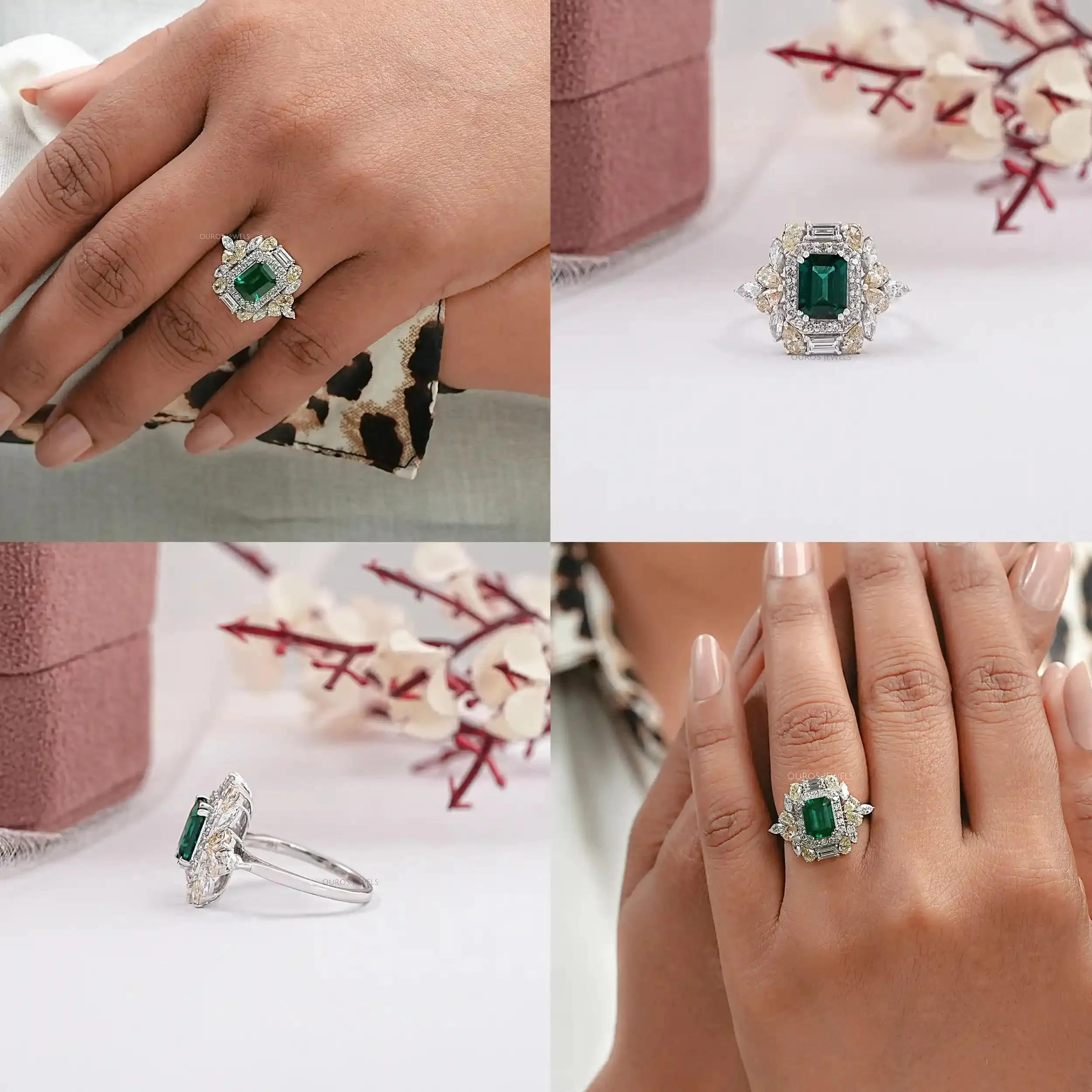 Double Halo Green Emerald Diamond Engagement Ring