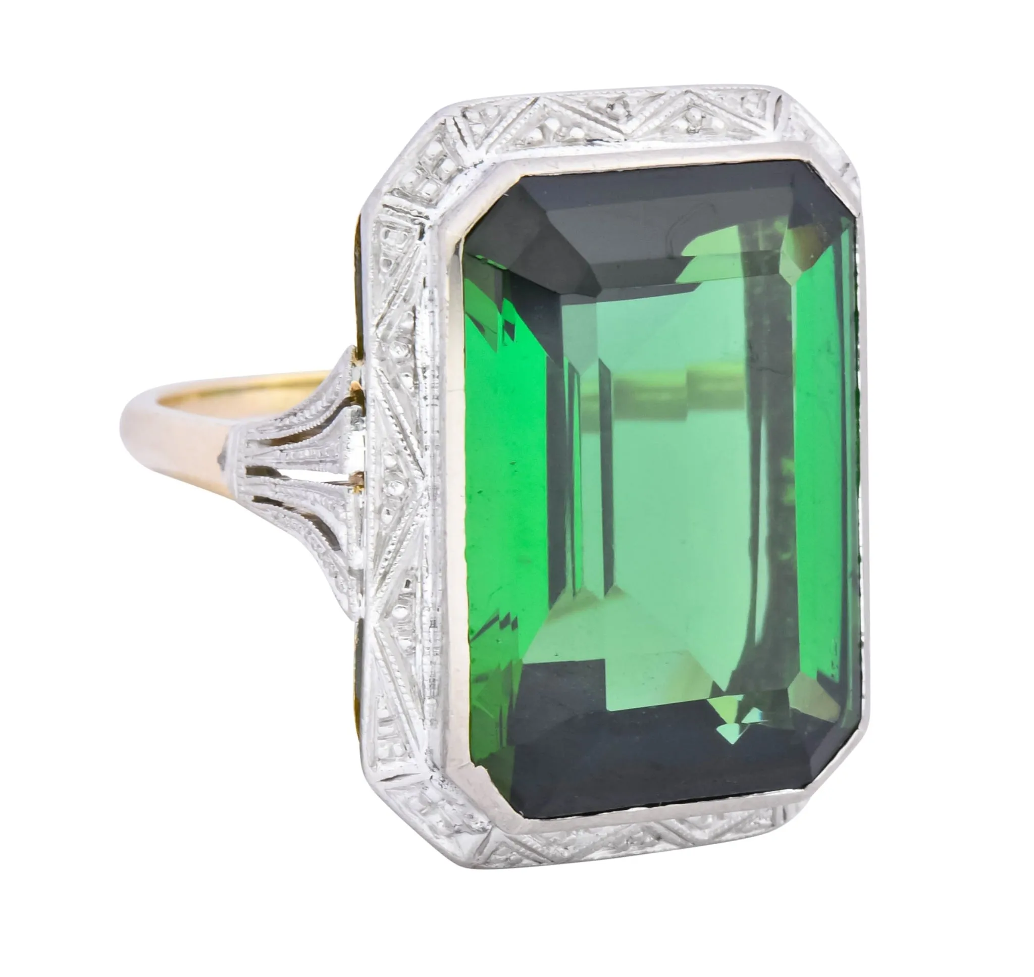 Edwardian 45.28 CTW Green Tourmaline Platinum-Topped 14 Karat Gold Cocktail Ring