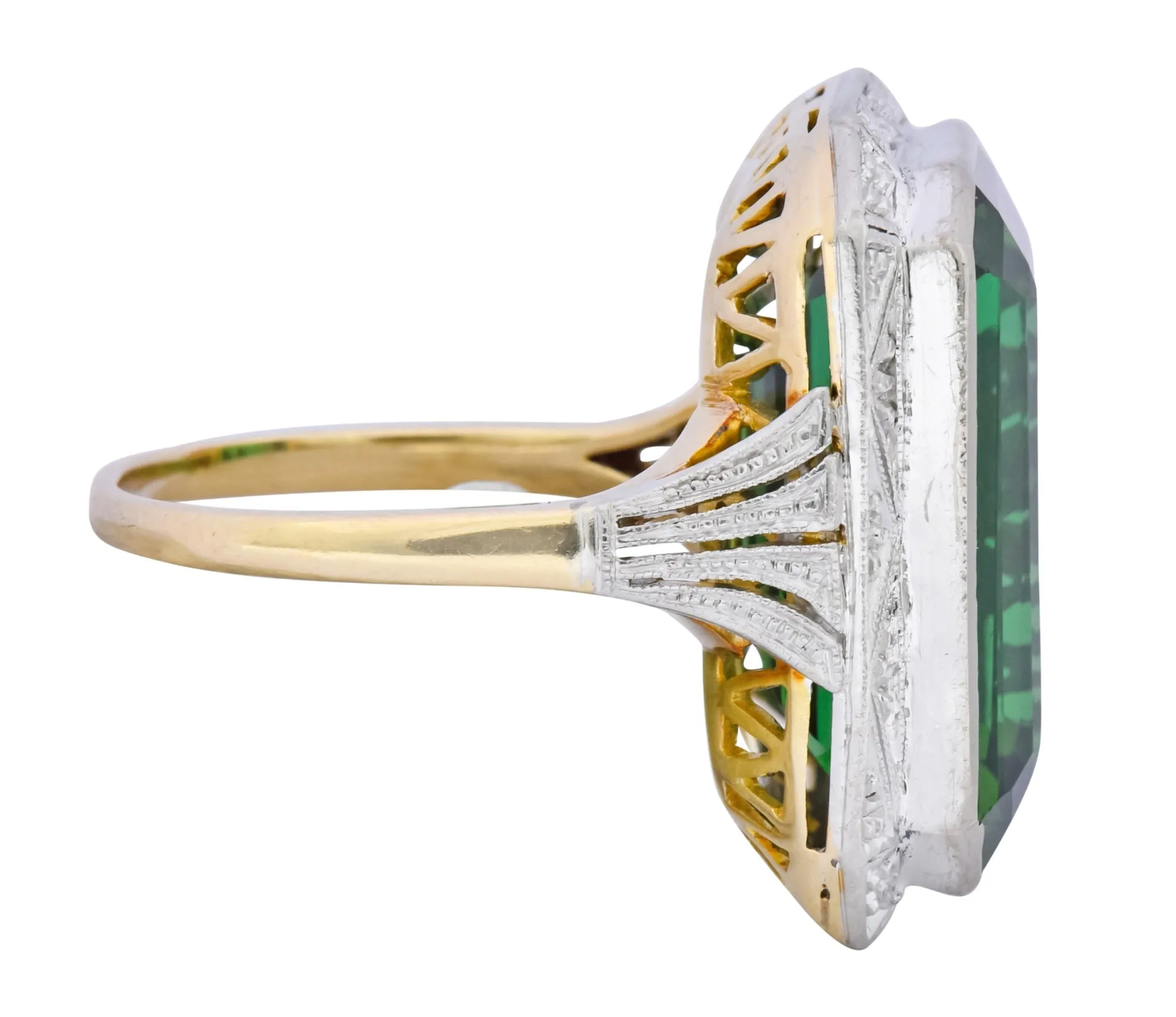 Edwardian 45.28 CTW Green Tourmaline Platinum-Topped 14 Karat Gold Cocktail Ring