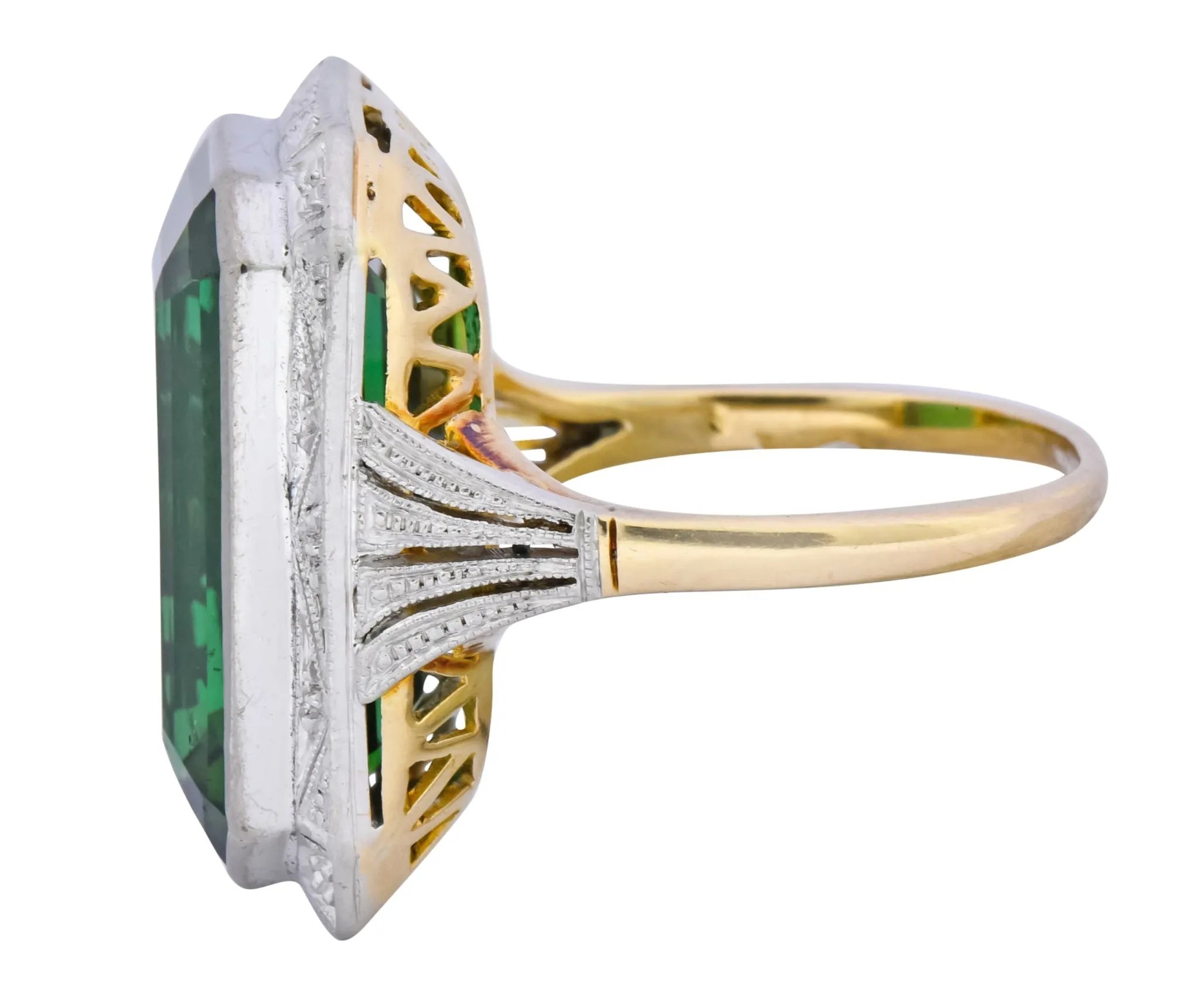 Edwardian 45.28 CTW Green Tourmaline Platinum-Topped 14 Karat Gold Cocktail Ring