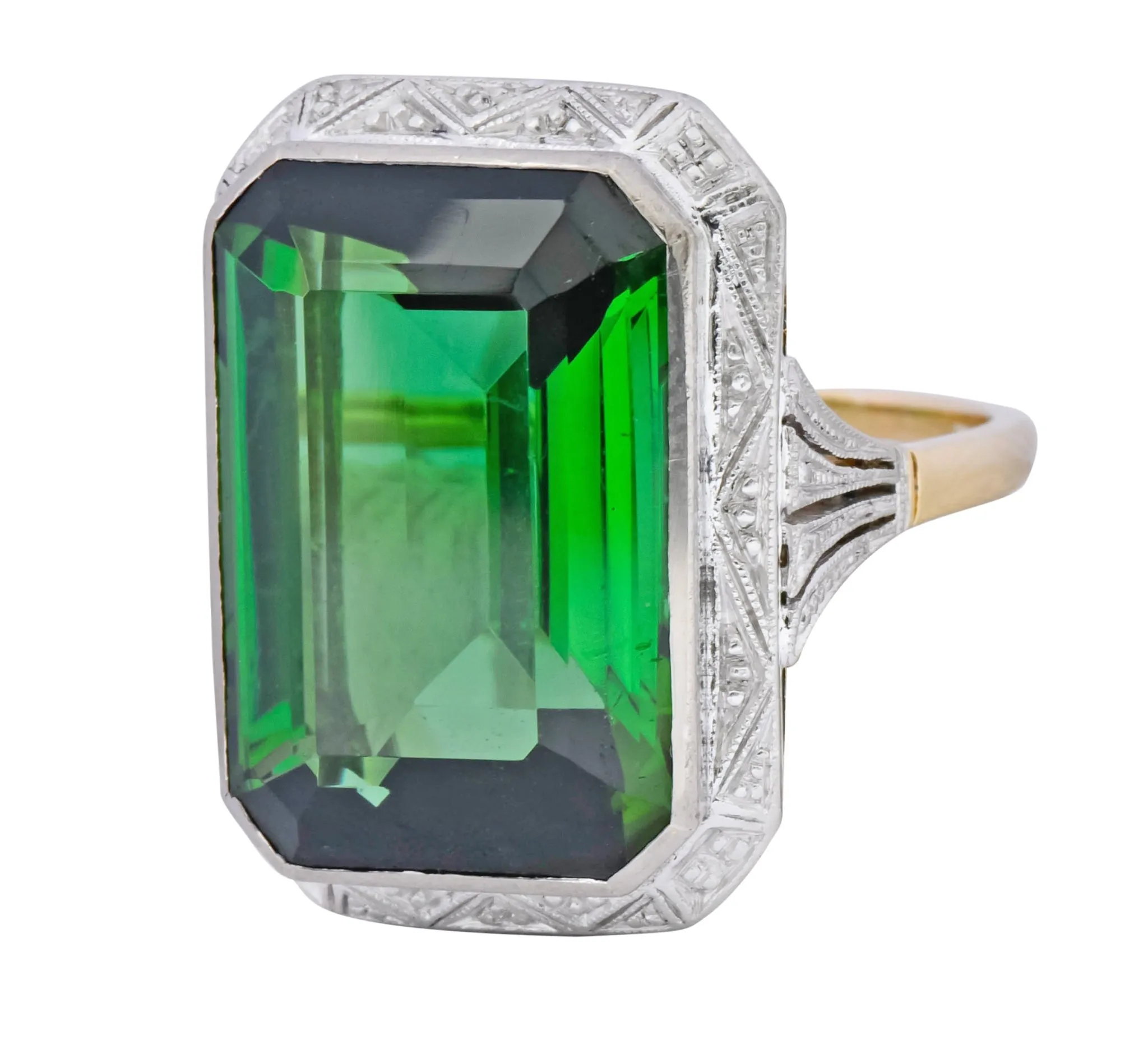 Edwardian 45.28 CTW Green Tourmaline Platinum-Topped 14 Karat Gold Cocktail Ring