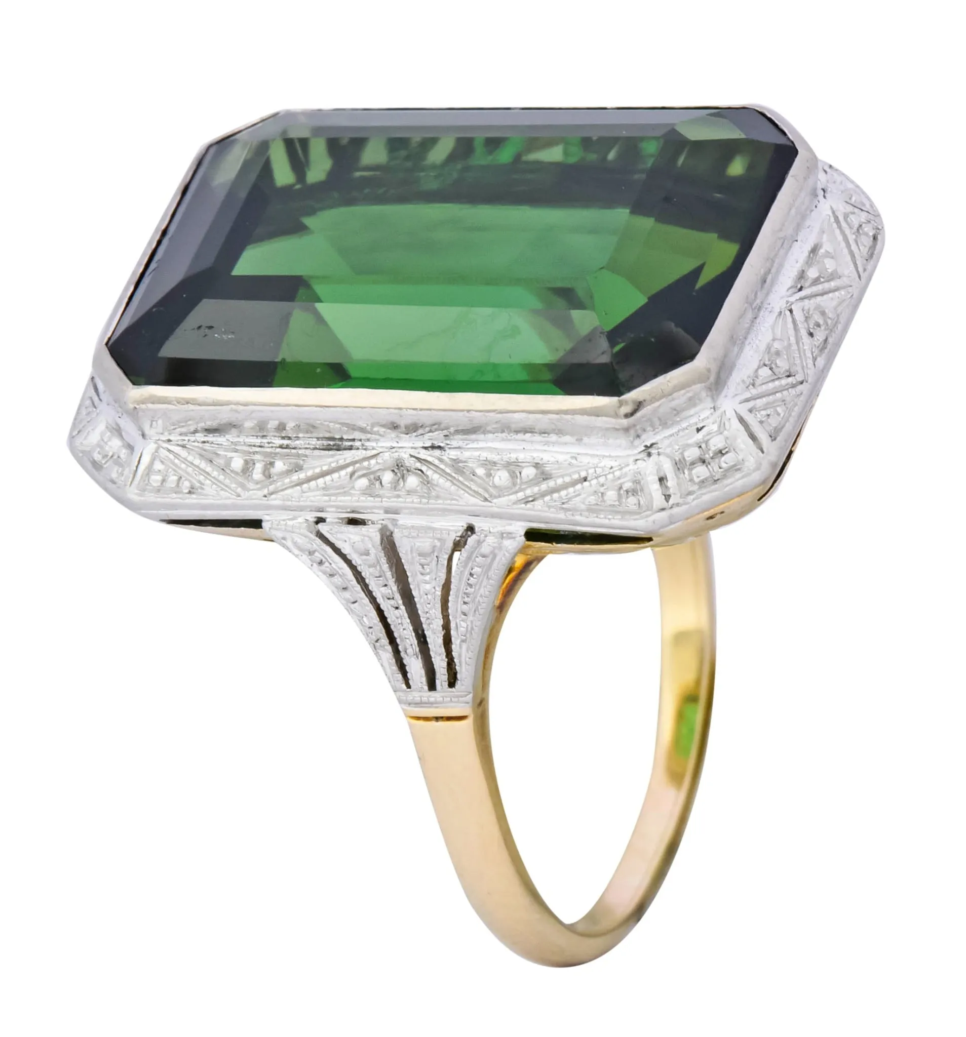 Edwardian 45.28 CTW Green Tourmaline Platinum-Topped 14 Karat Gold Cocktail Ring