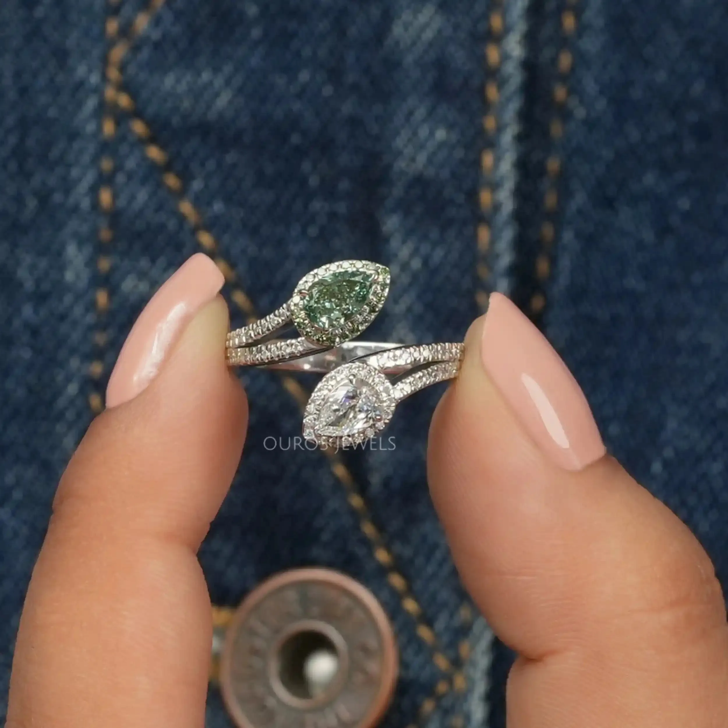 Fancy Vivid Green Pear Cut Lab Grown  Diamond Bypass Ring