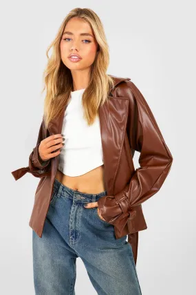 Faux Leather Belted Short Trench Coat