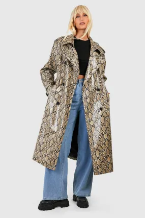 Faux Leather Snake Print Maxi Trench Coat