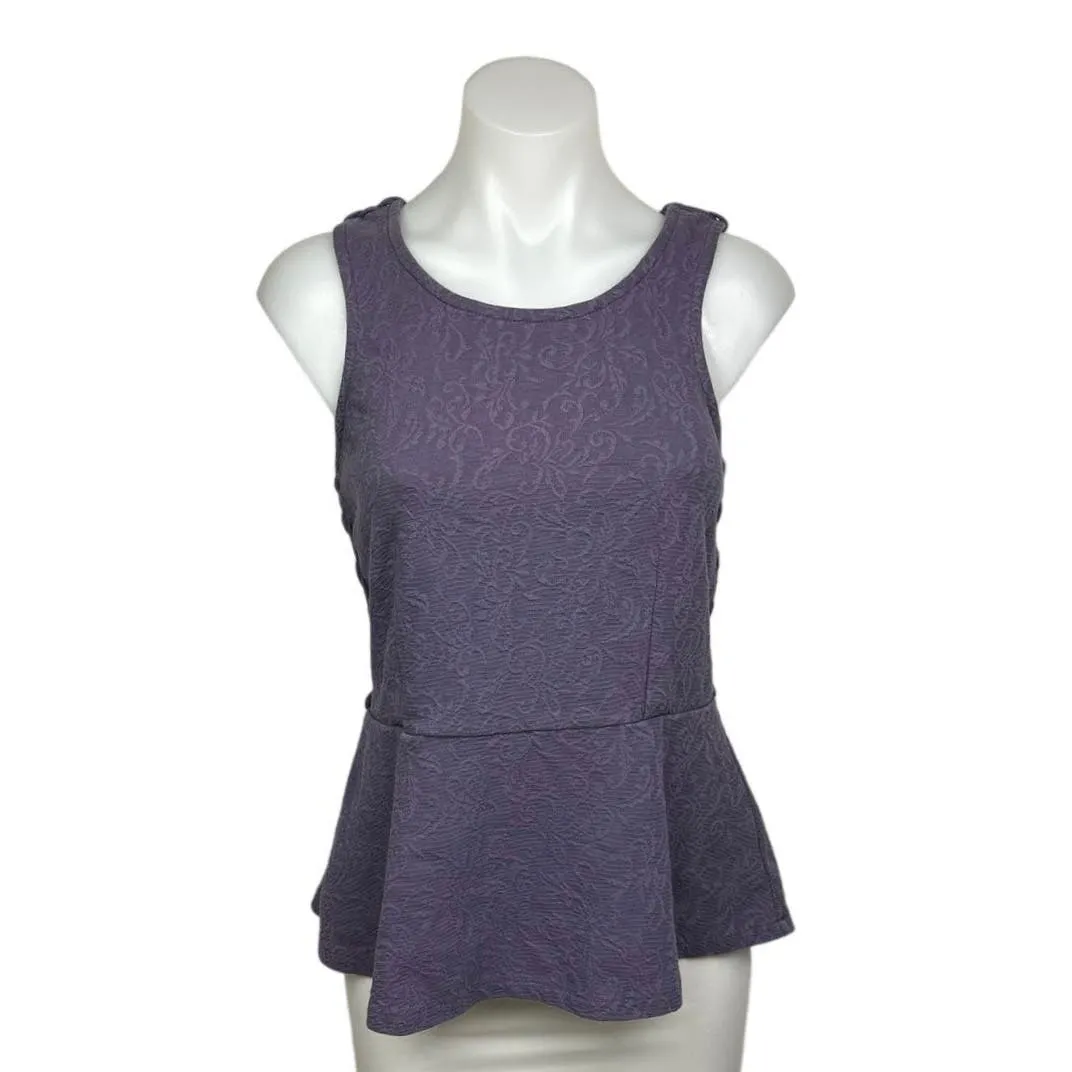 Free People Floral Cotton Purple Sleeveless Round Crochet Peplum Tank Top Size S