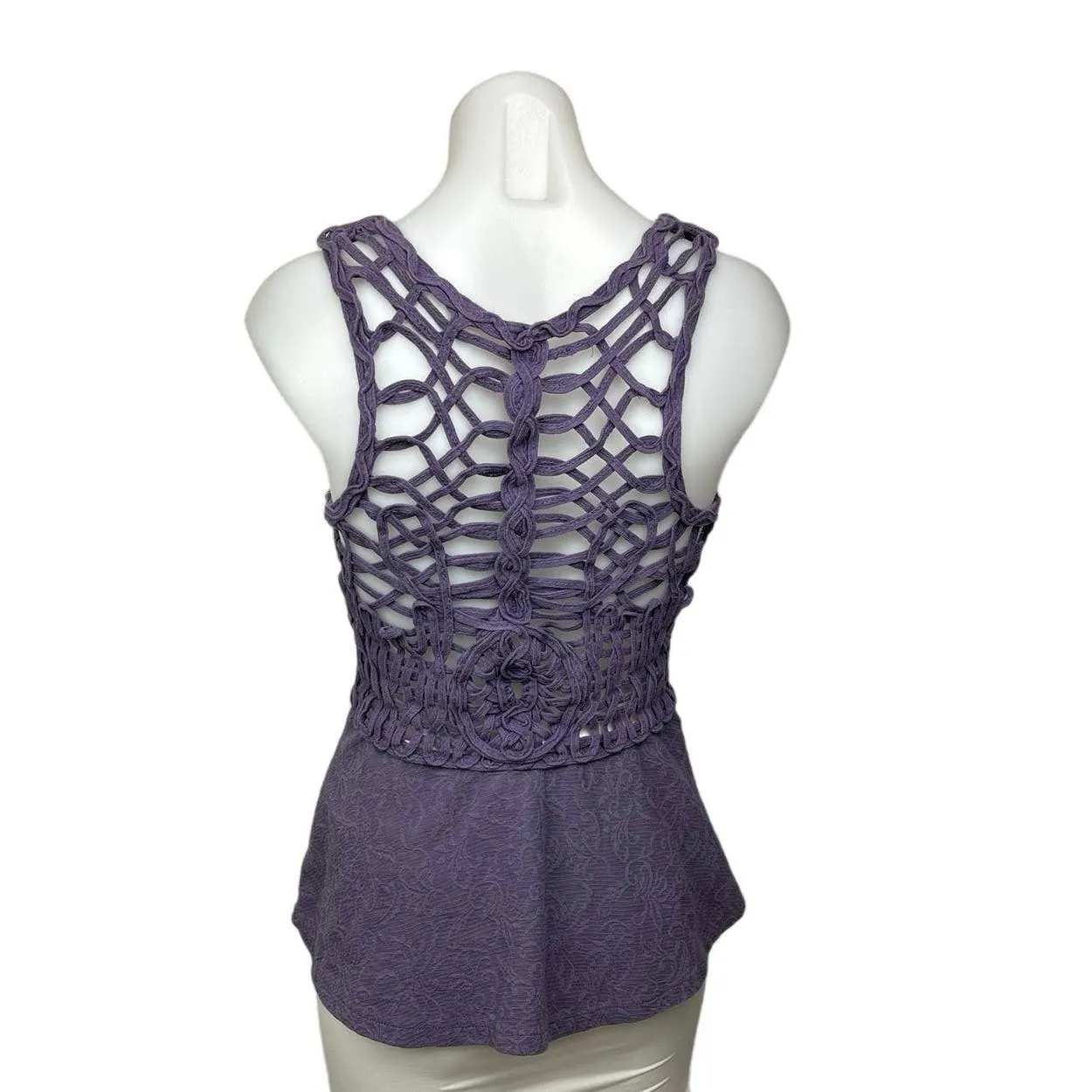 Free People Floral Cotton Purple Sleeveless Round Crochet Peplum Tank Top Size S