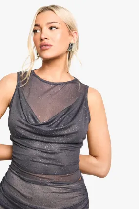 Glitter Mesh Cowl Front Sleeveless Top