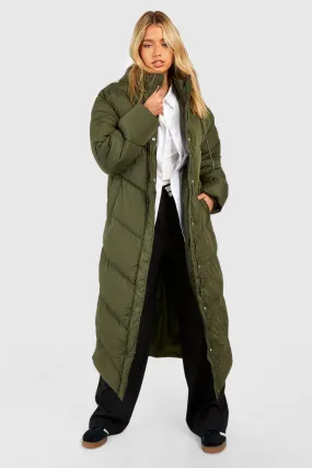 Hooded Quilt Detail Maxi Puffer