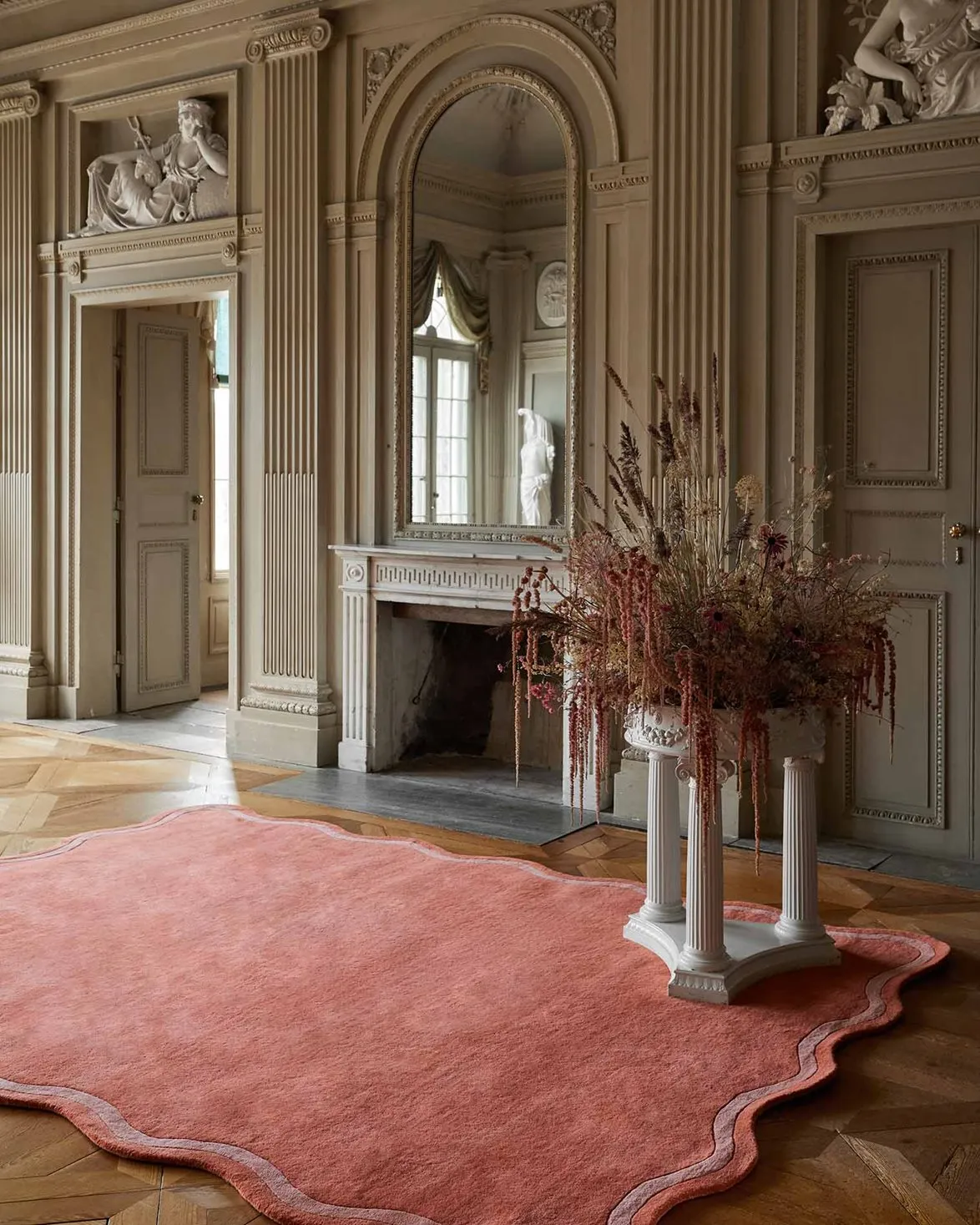 Layered Gunnebo Castle Organic Scallop Rug Watermelon Pink