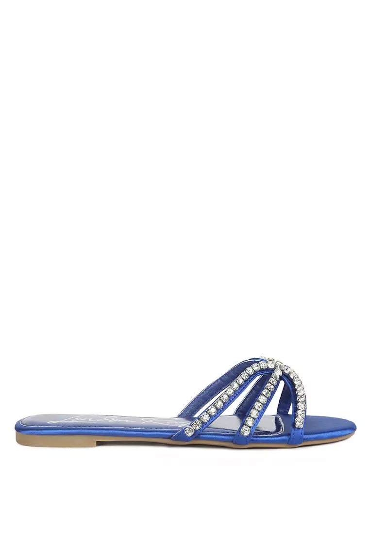 London Rag Blue Diamante Strap Flat Sandals