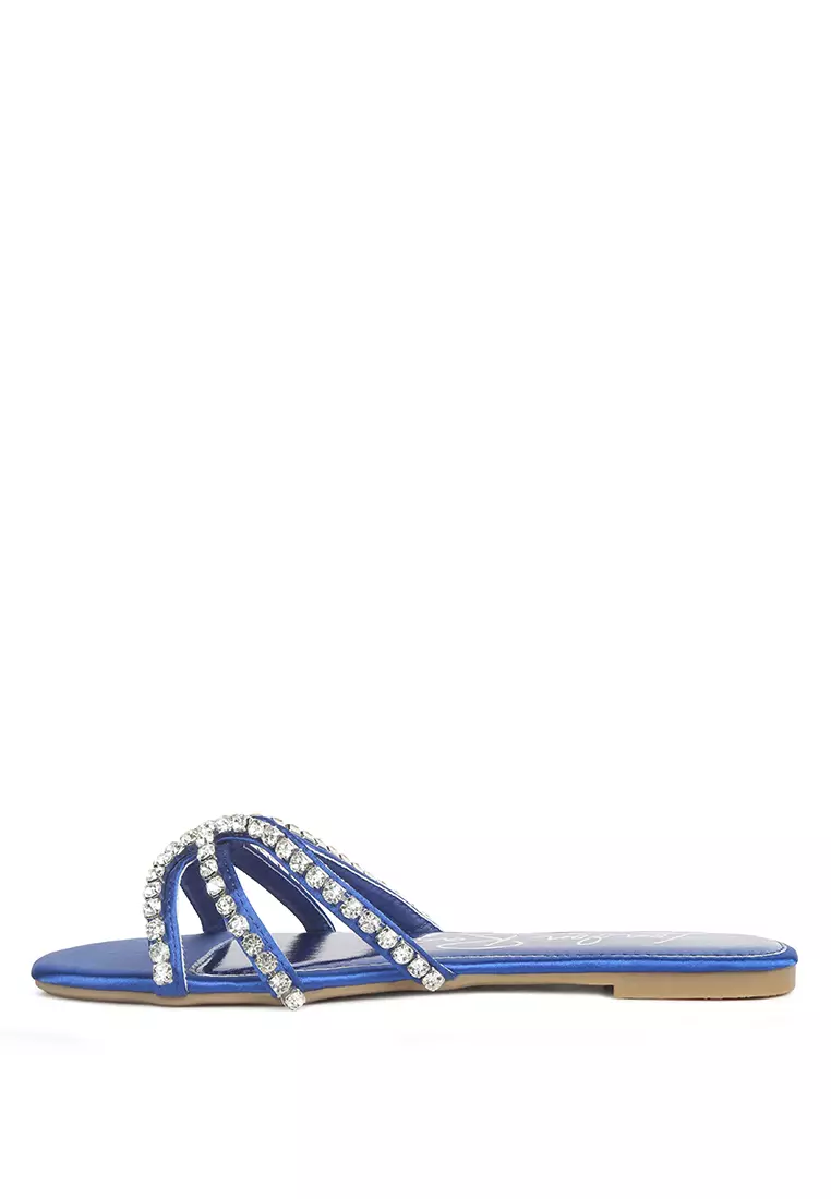 London Rag Blue Diamante Strap Flat Sandals