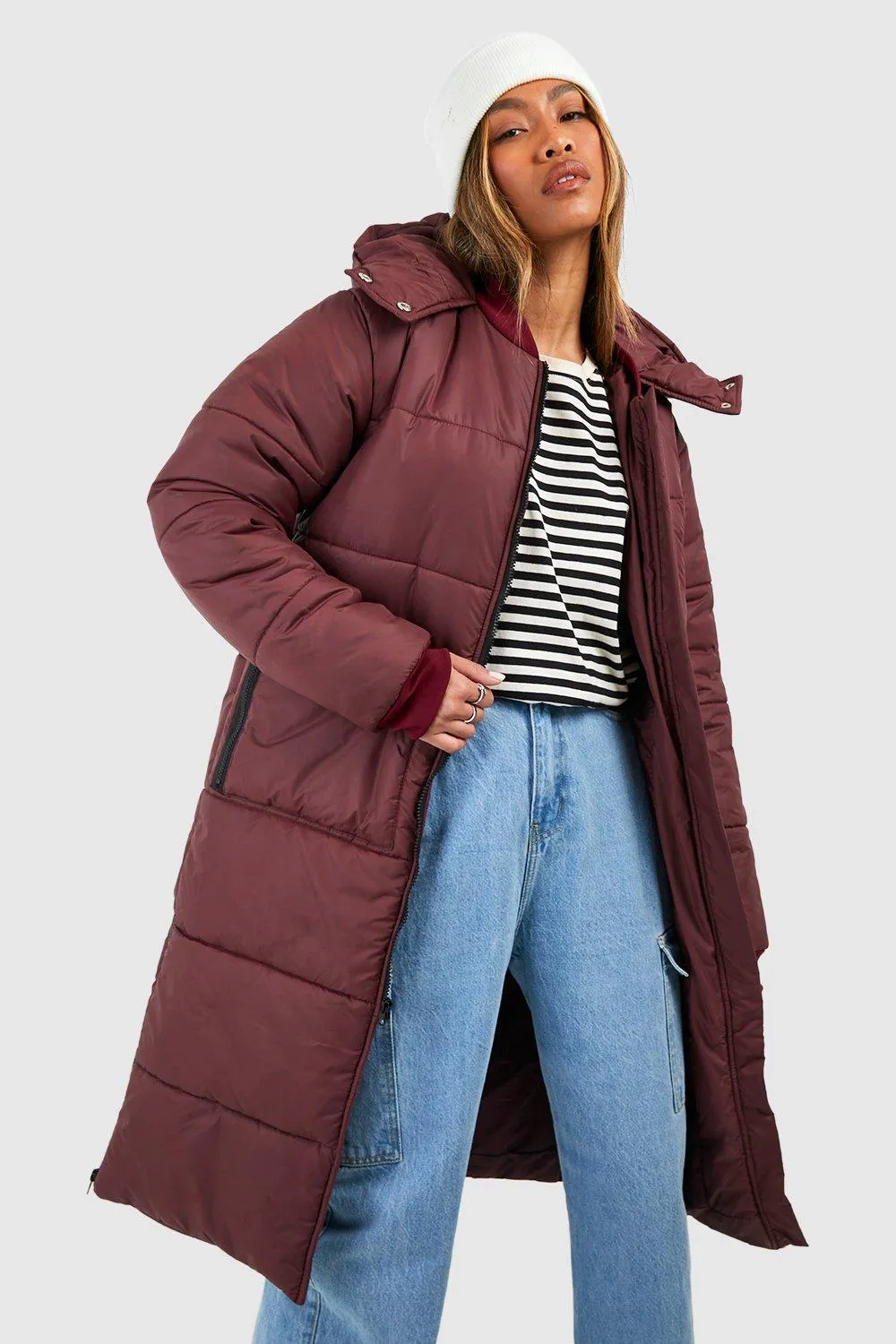 Longline Rib Collar Puffer Jacket