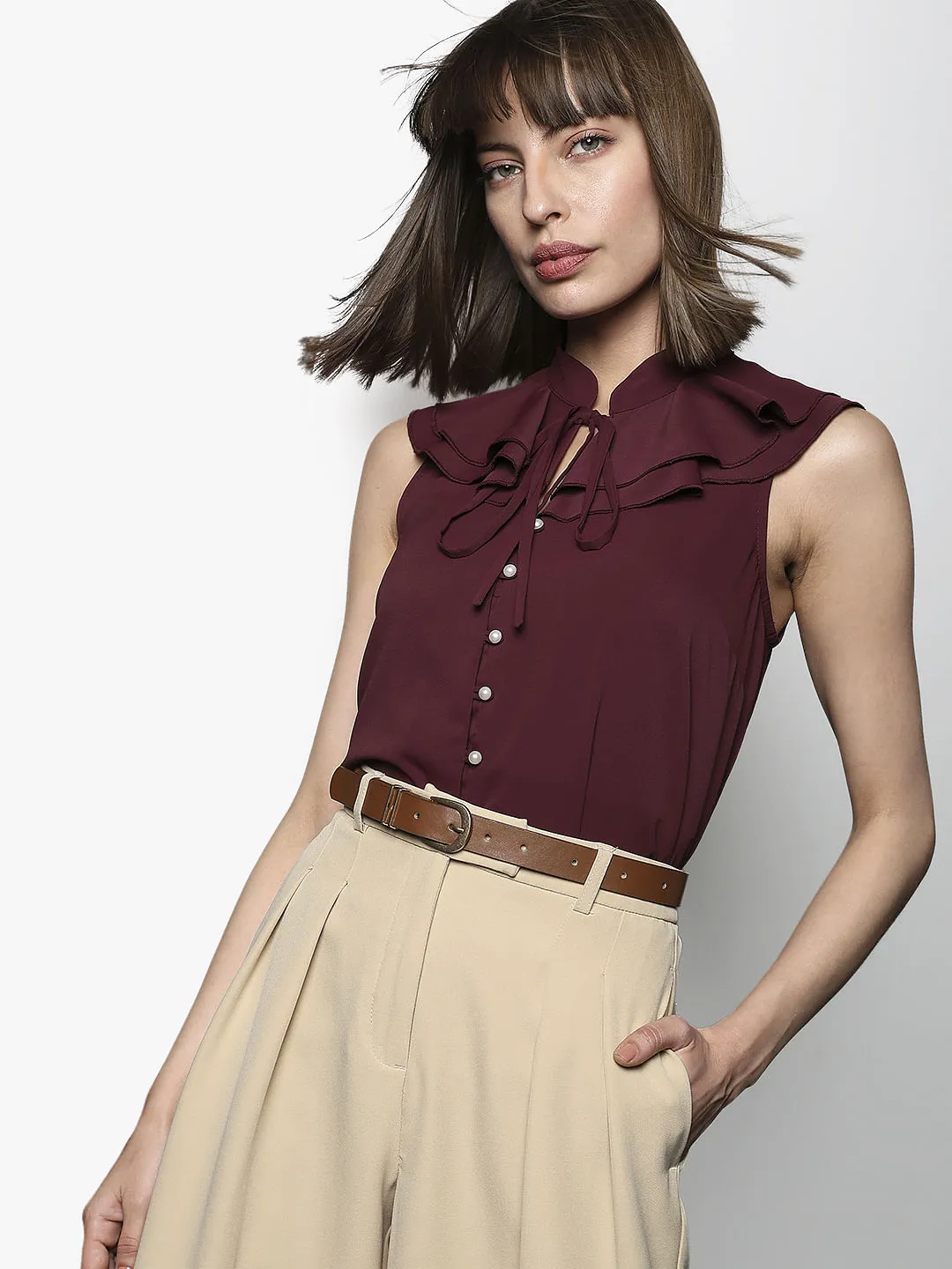 Maroon Sleeveless Ruffle Detail Top