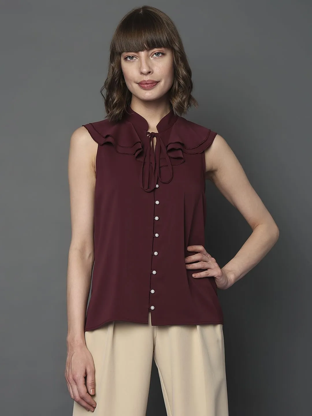 Maroon Sleeveless Ruffle Detail Top