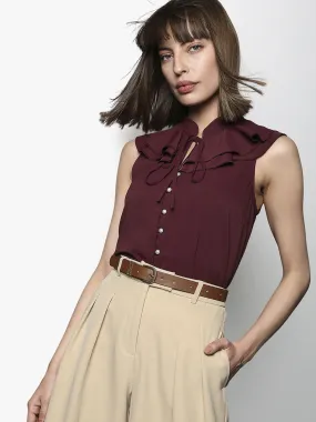 Maroon Sleeveless Ruffle Detail Top