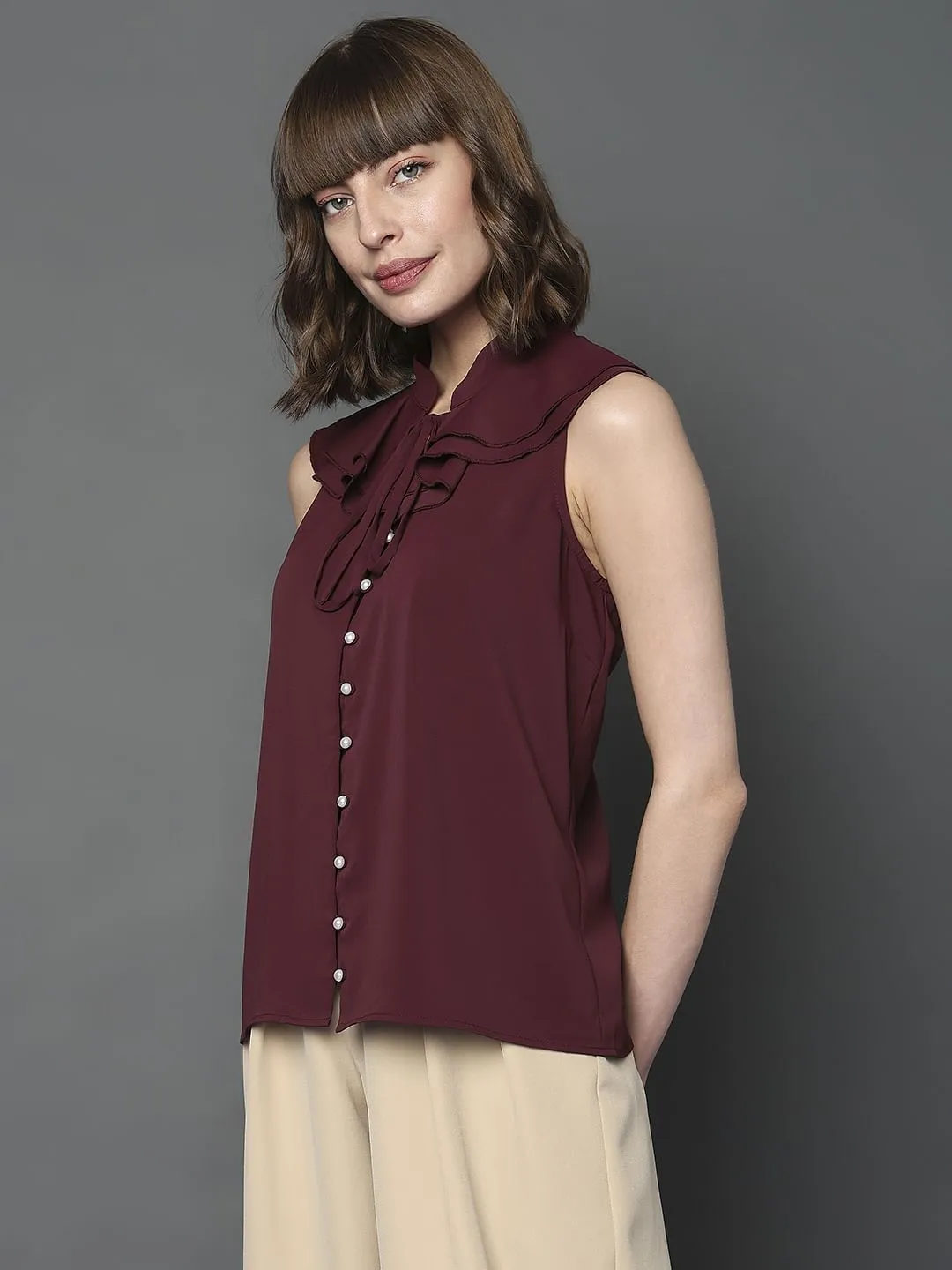 Maroon Sleeveless Ruffle Detail Top