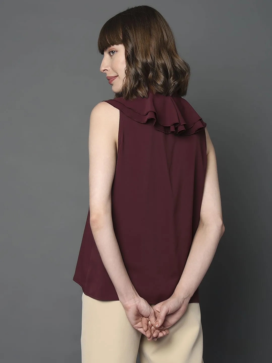 Maroon Sleeveless Ruffle Detail Top