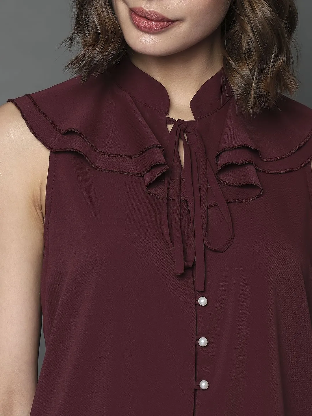 Maroon Sleeveless Ruffle Detail Top