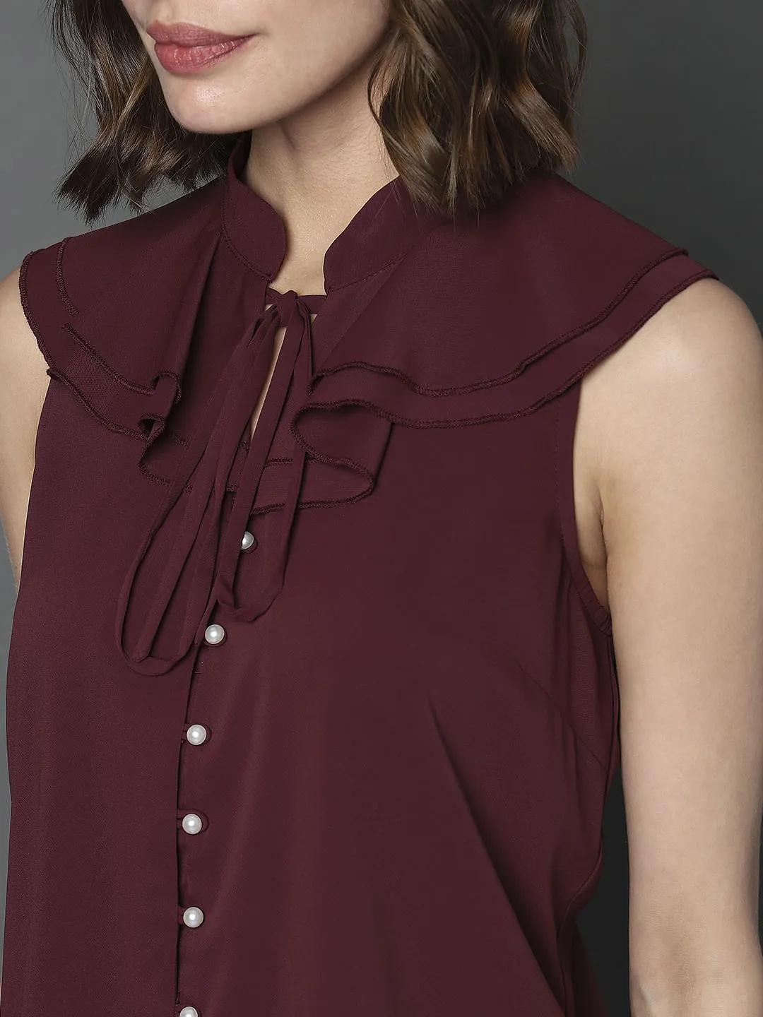 Maroon Sleeveless Ruffle Detail Top