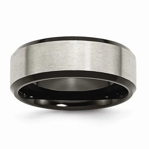 Men's Wedding Band-Titanium Beveled Edge Black plated 8mm Brushed Center Band.-UDINC0361-