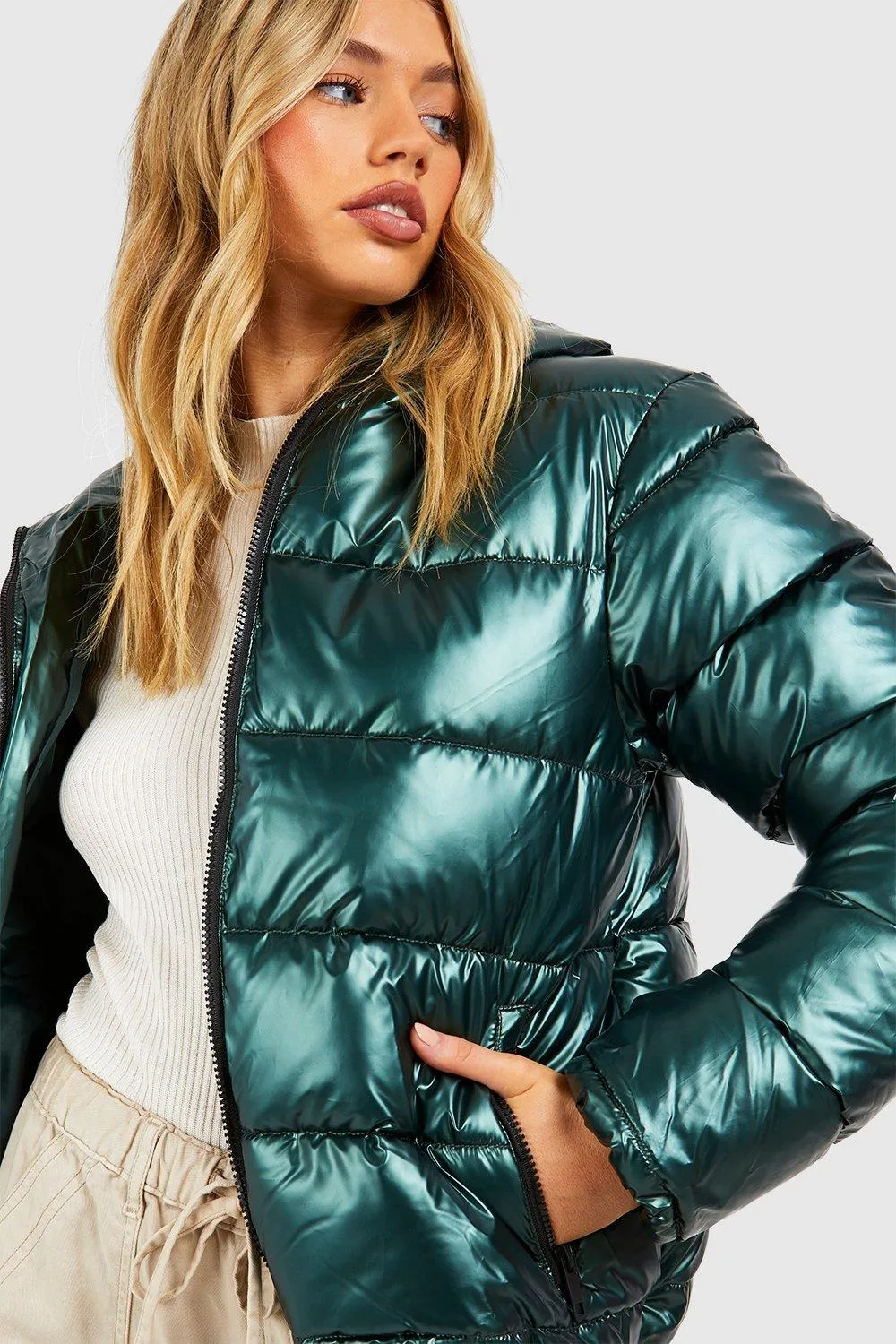 Metallic Hooded Puffer Jacket