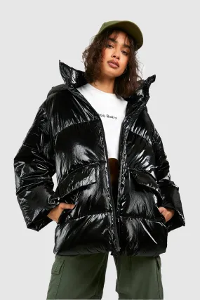 Metallic Oversized Hooded Puffer Jacket