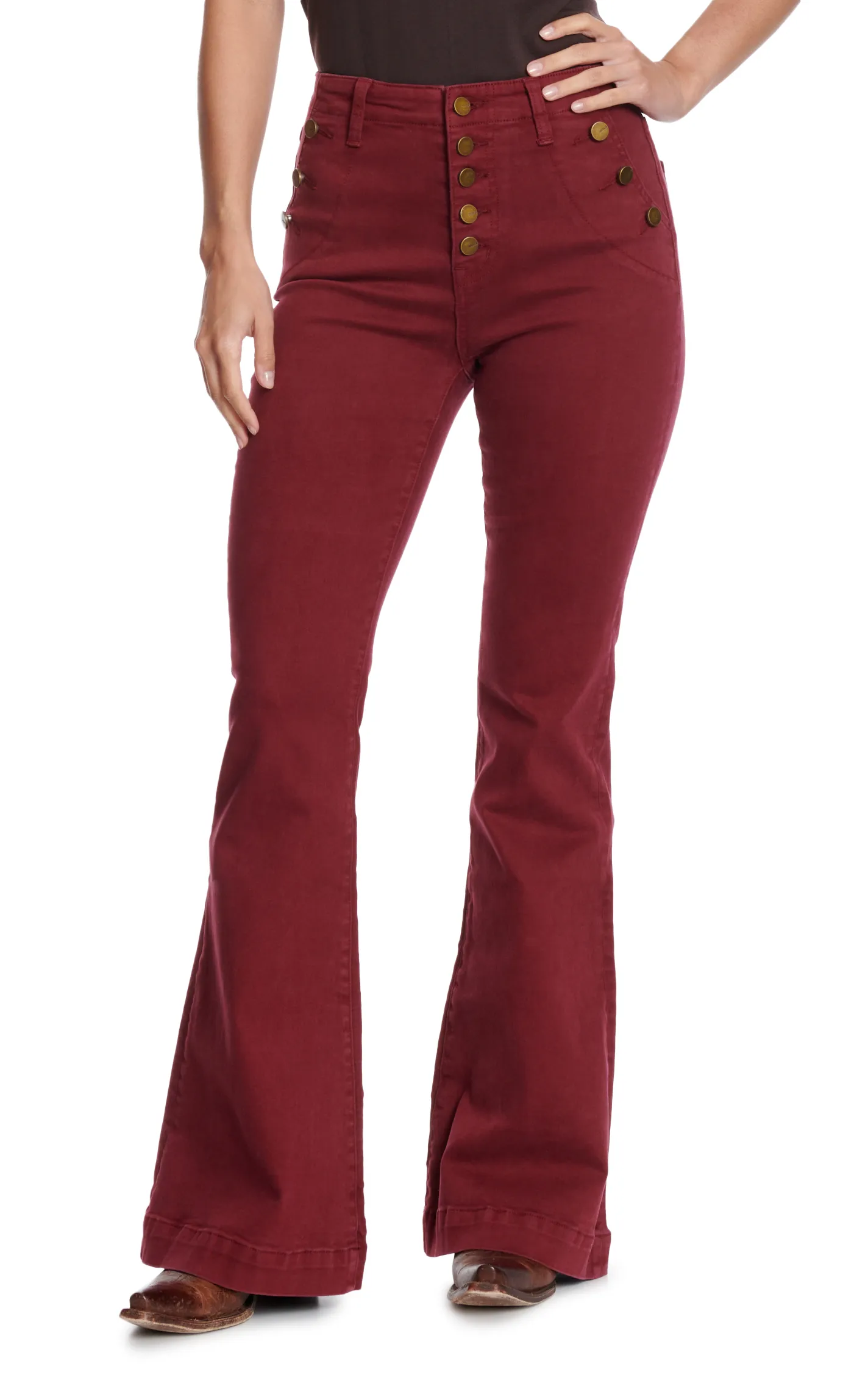 Mica Denim Women's Burgundy 5 Button Fly High Rise Super Flare Jeans