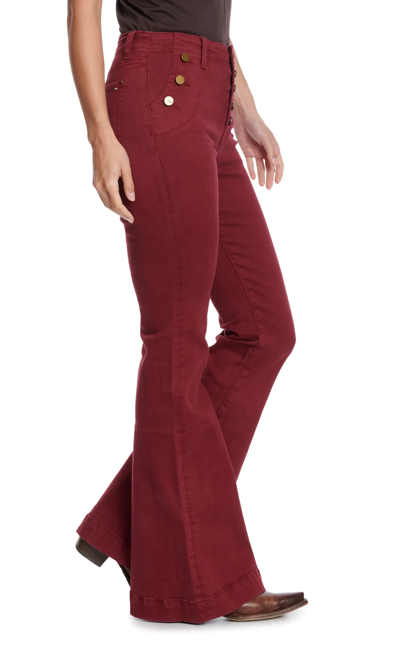 Mica Denim Women's Burgundy 5 Button Fly High Rise Super Flare Jeans