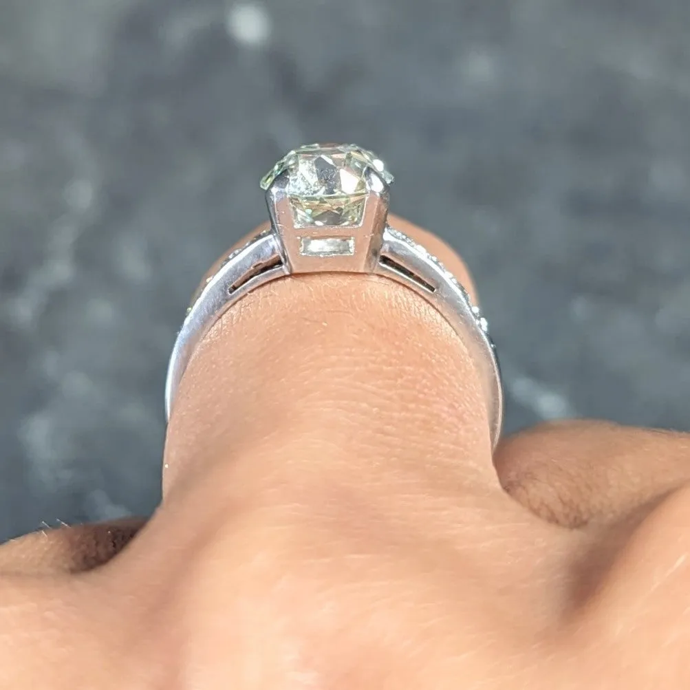 Mid-Century 2.19 CTW Fancy Light Yellow-Green Old Mine Cut Diamond Platinum Vintage Engagement Ring