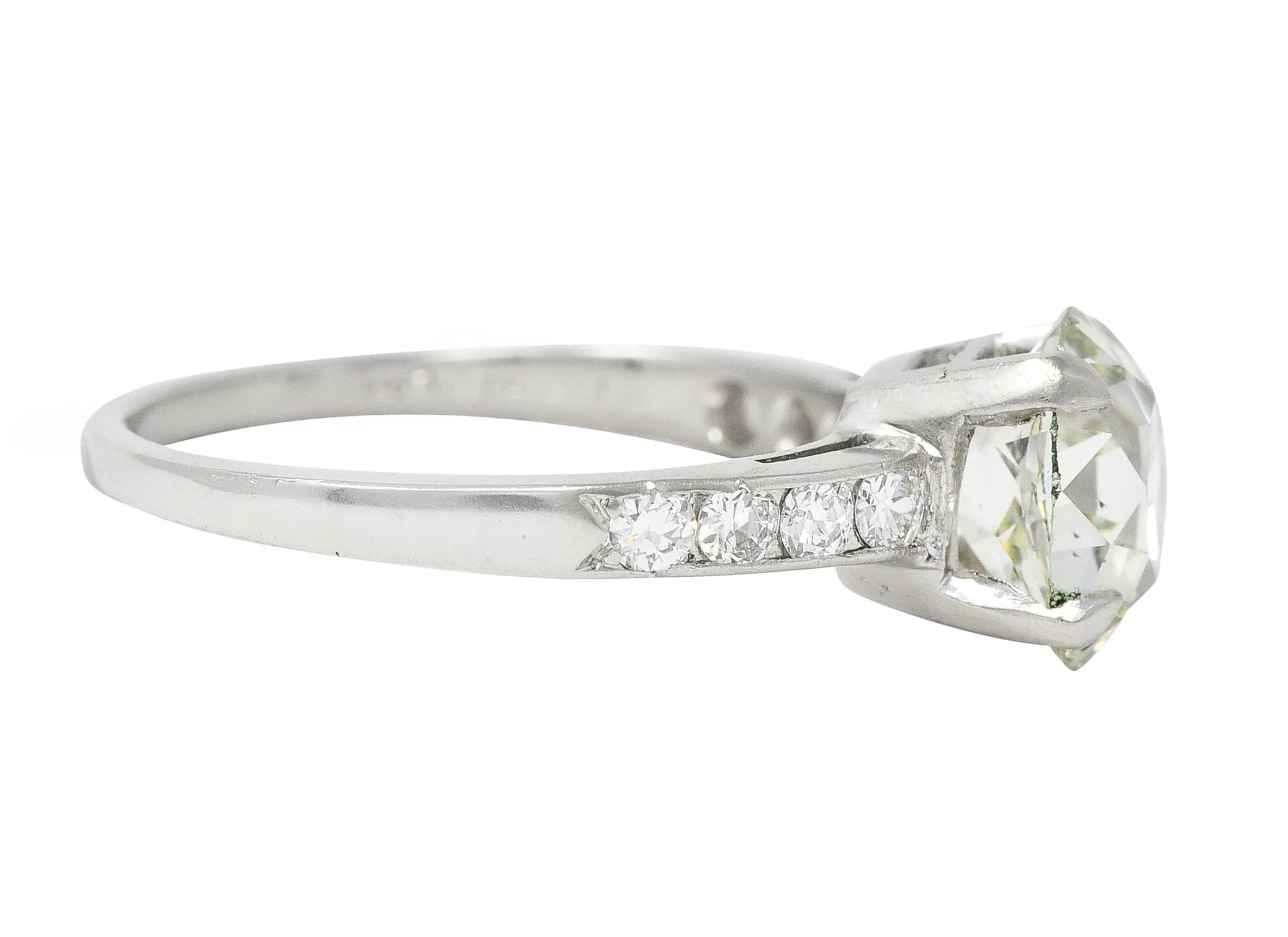 Mid-Century 2.19 CTW Fancy Light Yellow-Green Old Mine Cut Diamond Platinum Vintage Engagement Ring