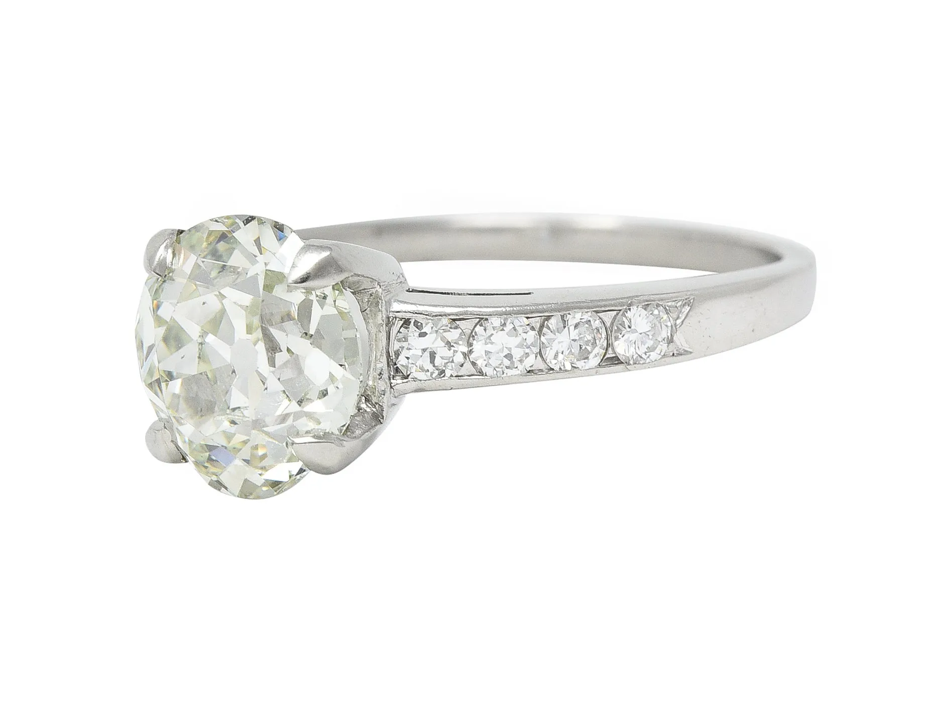 Mid-Century 2.19 CTW Fancy Light Yellow-Green Old Mine Cut Diamond Platinum Vintage Engagement Ring