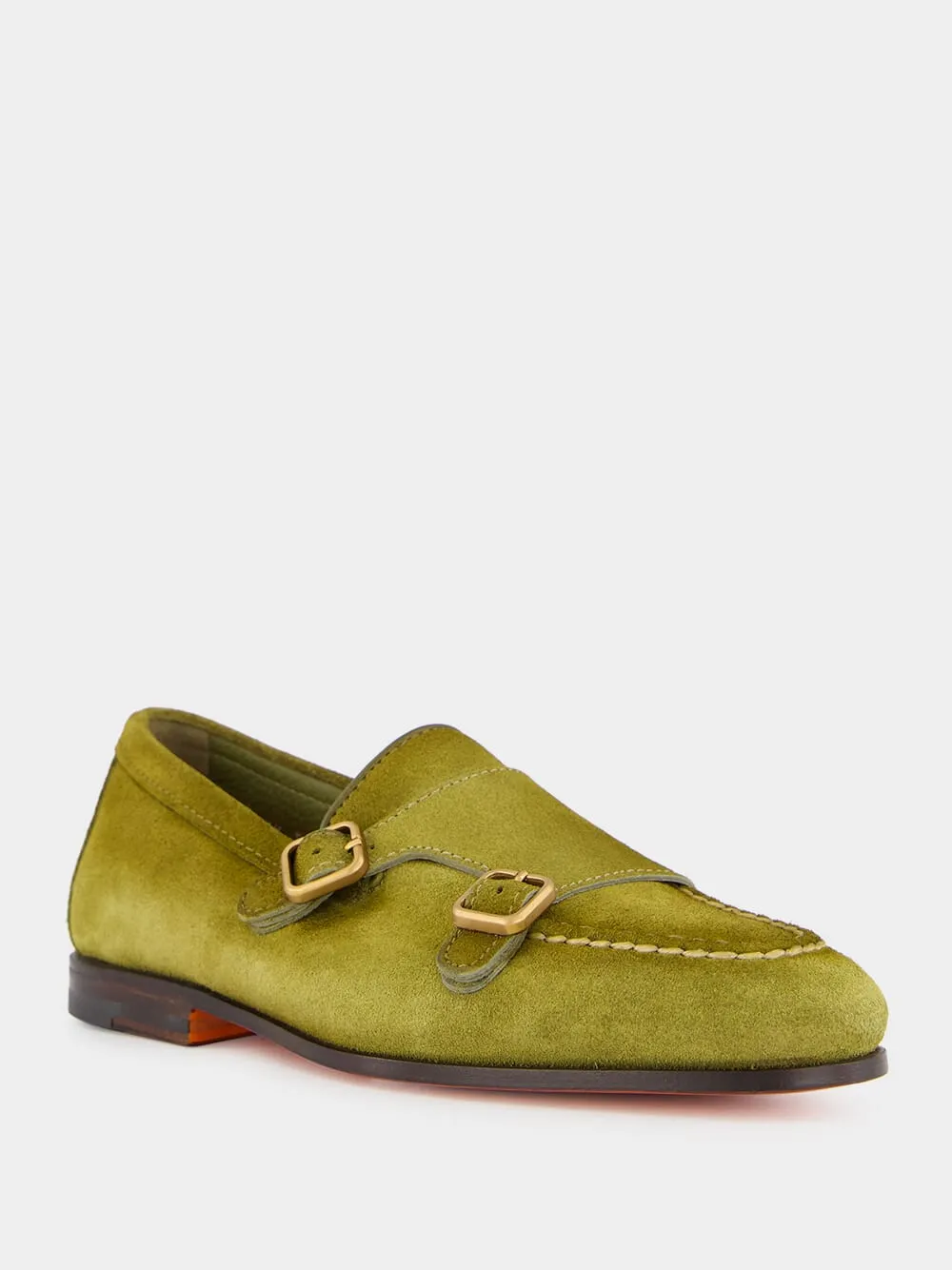 Olive Suede Monk Strap Loafers