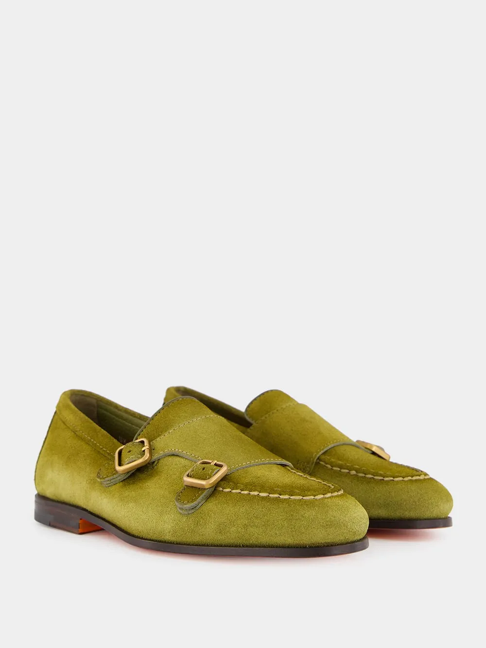 Olive Suede Monk Strap Loafers