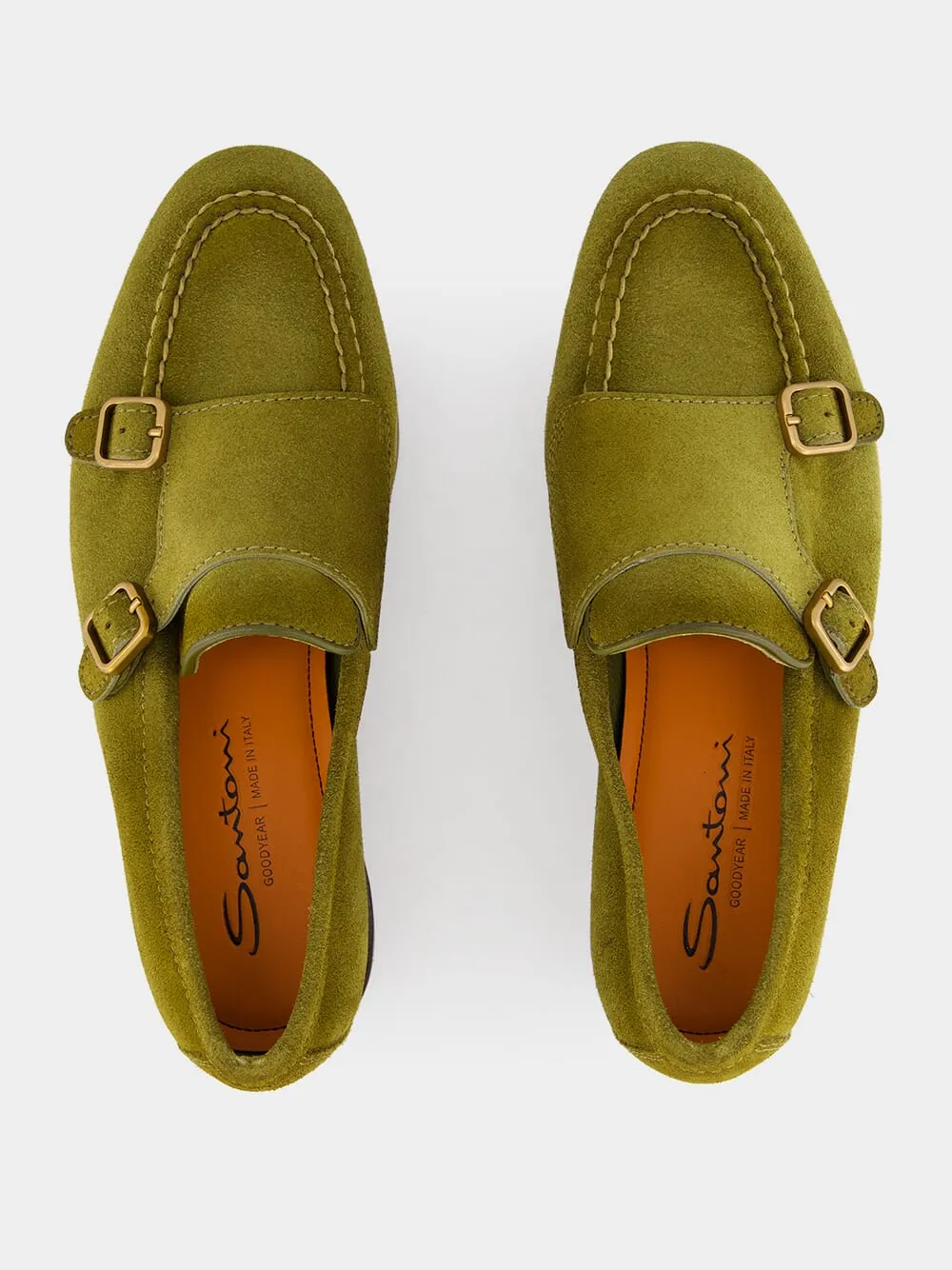 Olive Suede Monk Strap Loafers