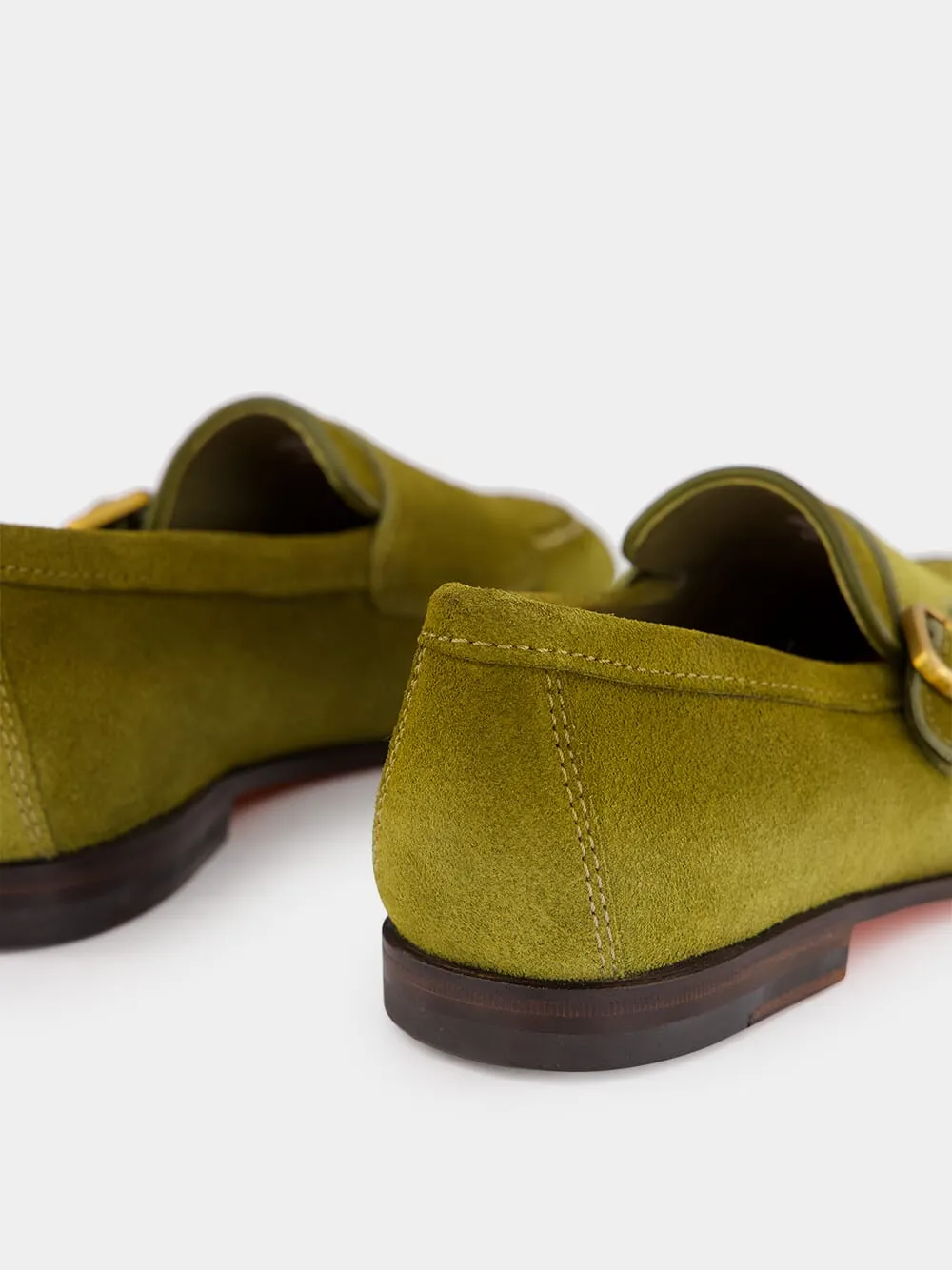 Olive Suede Monk Strap Loafers