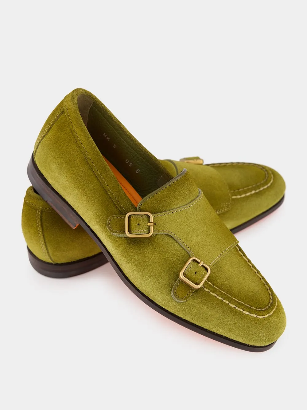 Olive Suede Monk Strap Loafers