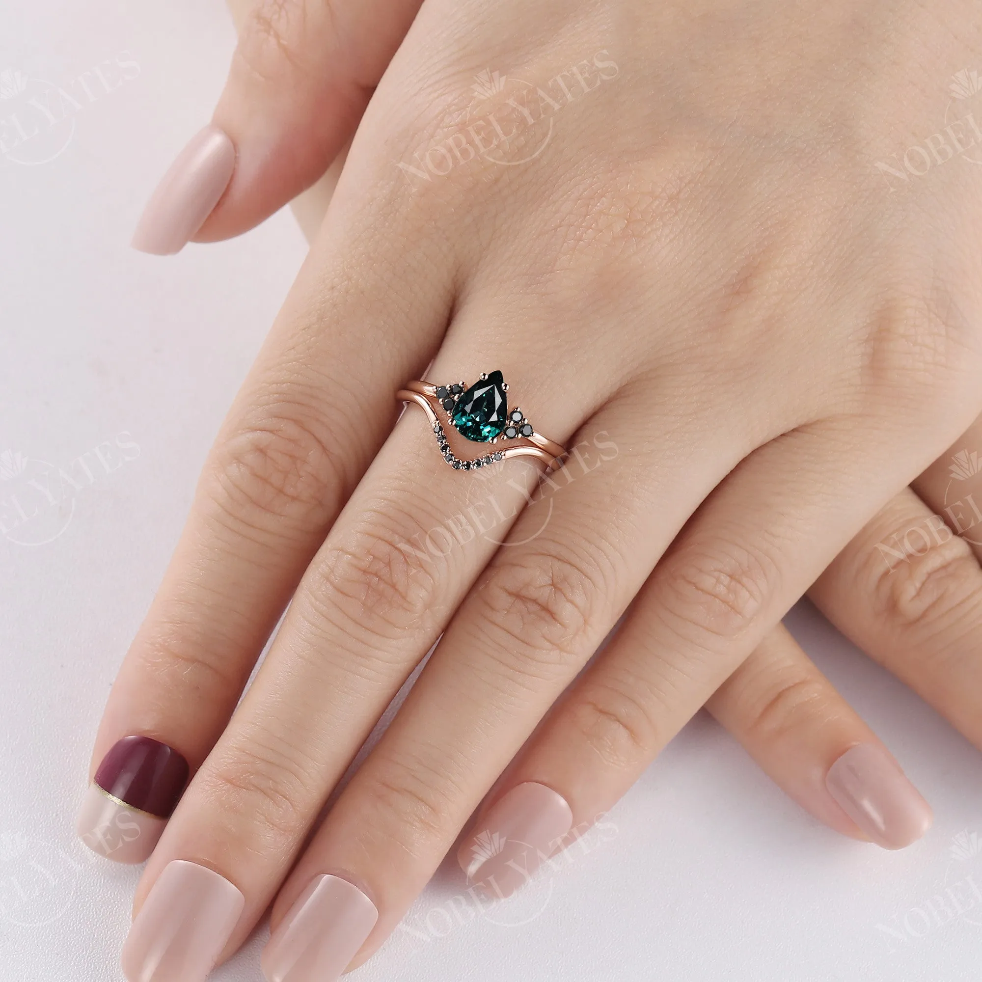 Pear Blue Green Sapphire Cluster Engagement Ring set Rose Gold