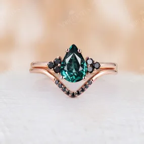 Pear Blue Green Sapphire Cluster Engagement Ring set Rose Gold