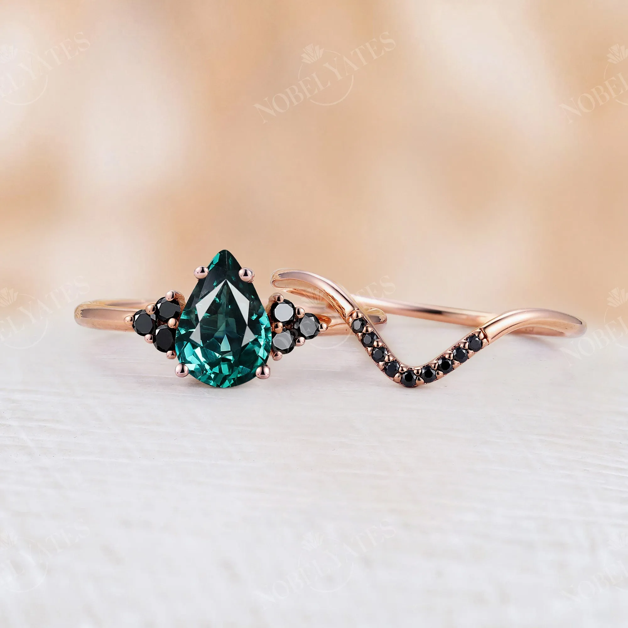 Pear Blue Green Sapphire Cluster Engagement Ring set Rose Gold