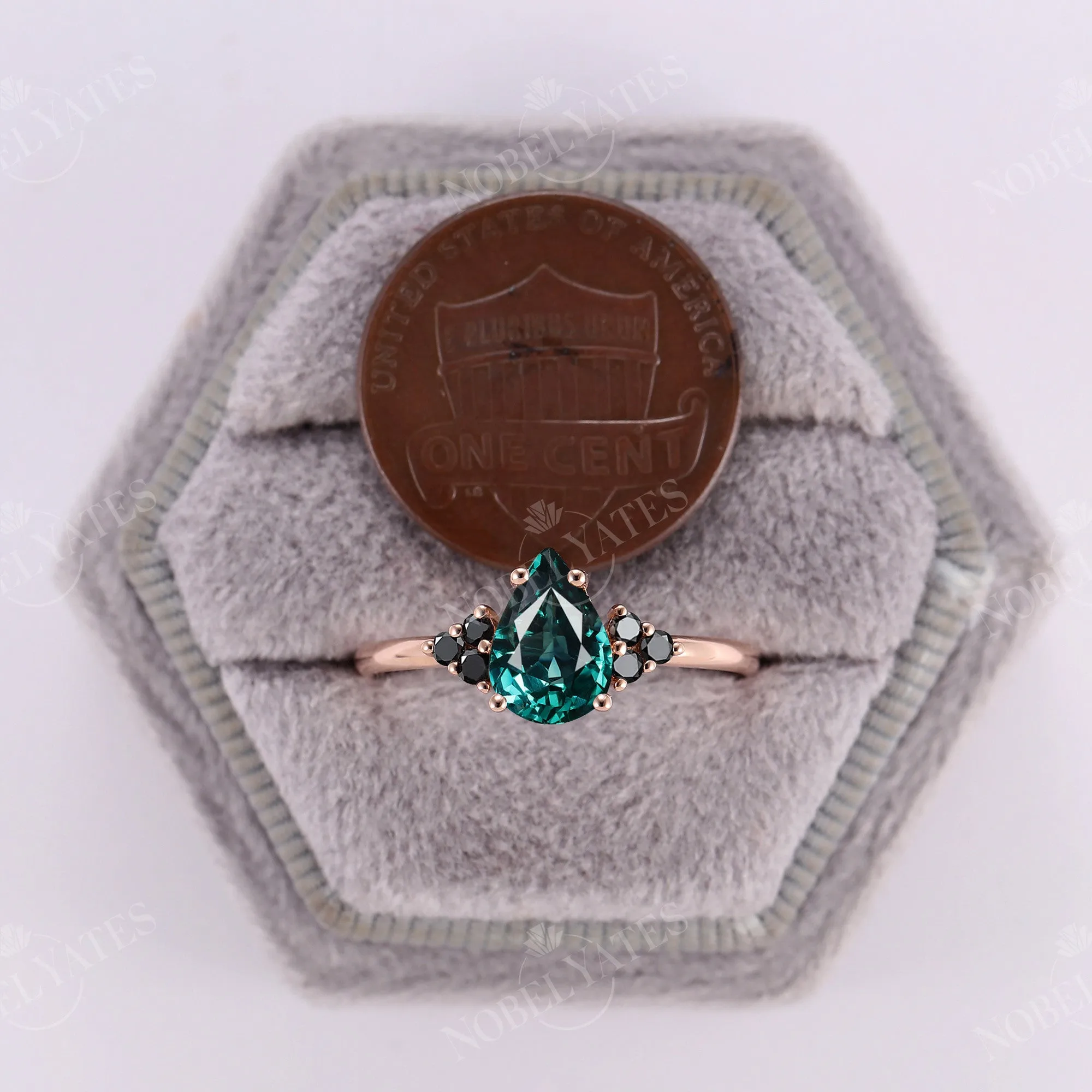 Pear Blue Green Sapphire Cluster Engagement Ring set Rose Gold