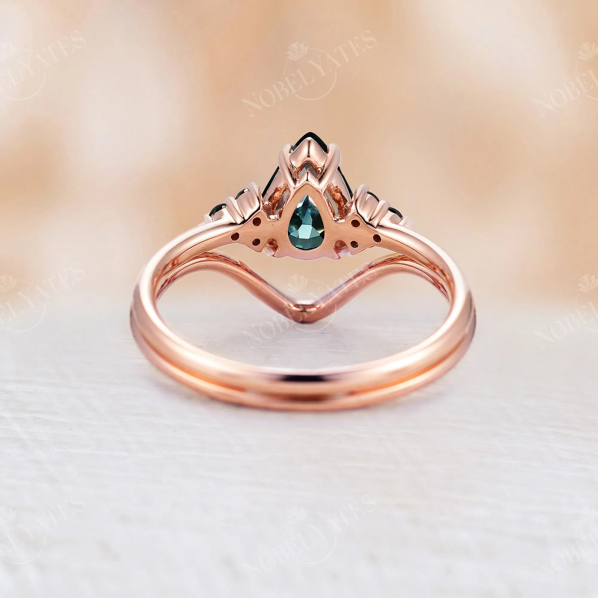 Pear Blue Green Sapphire Cluster Engagement Ring set Rose Gold