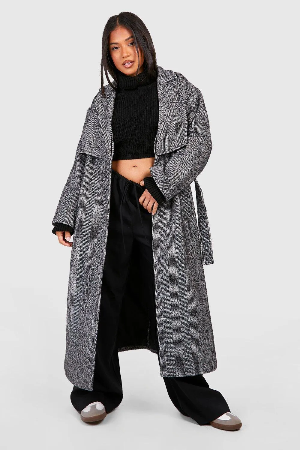 Petite Herringbone Belted Wool Trench Coat