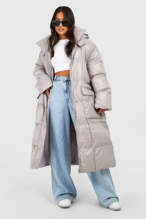 Petite Oversized Hooded Square Quilt Detail Maxi Puffer