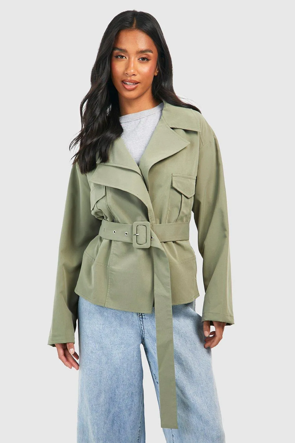 Petite Pocket Detail Crop Belted Trench Coat