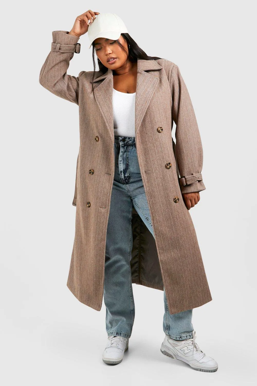 Plus Herringbone Belted Wool Look Trench Coat