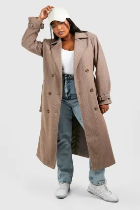 Plus Herringbone Belted Wool Look Trench Coat