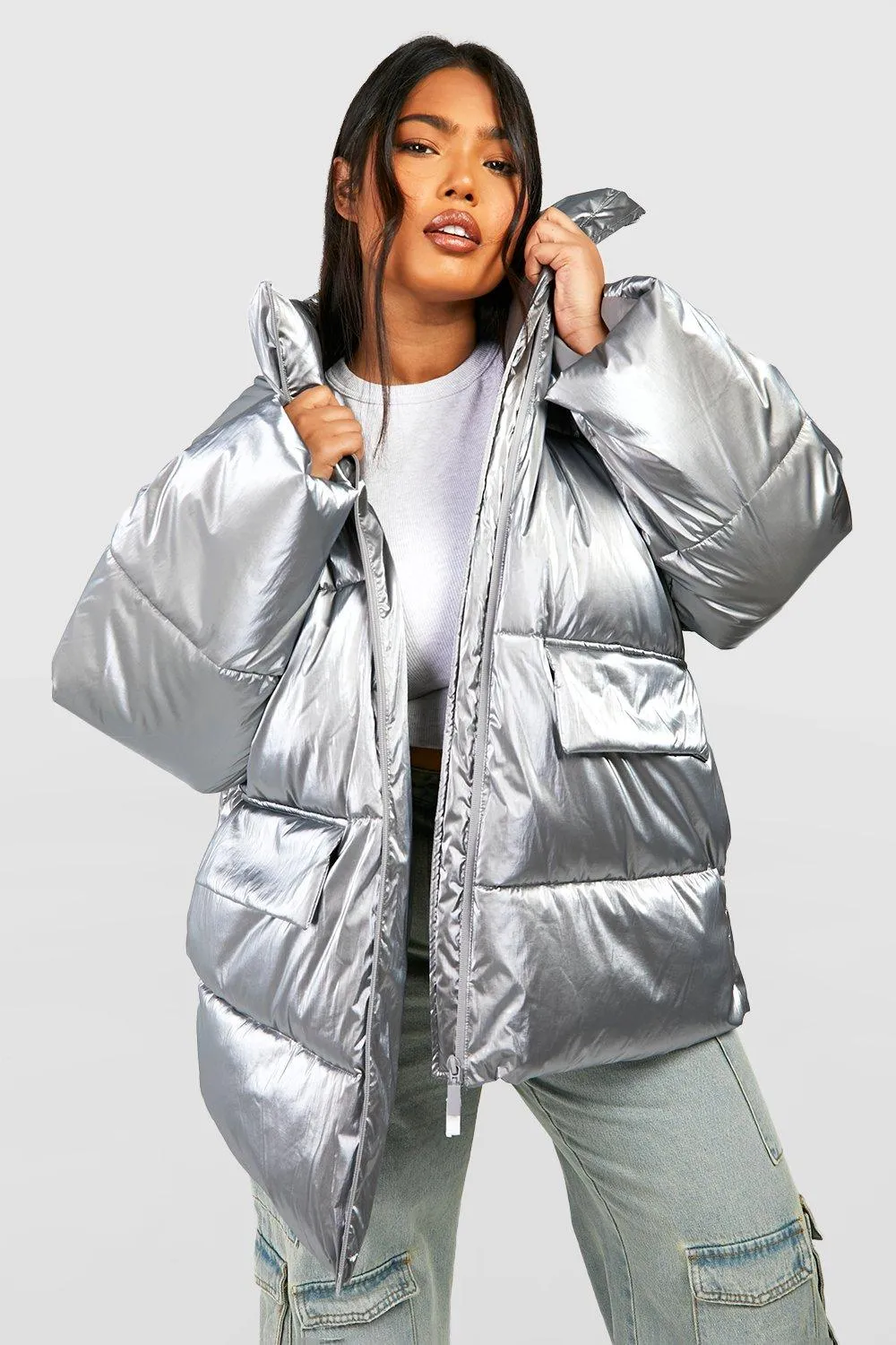 Plus Metallic Oversized Hooded Puffer Jacket