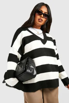 Plus V Neck Stripe Sweater